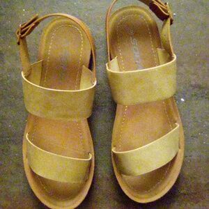 Women's SODA Taupe and Tan open toe sandals. Size 8. Five holes with buckle.
